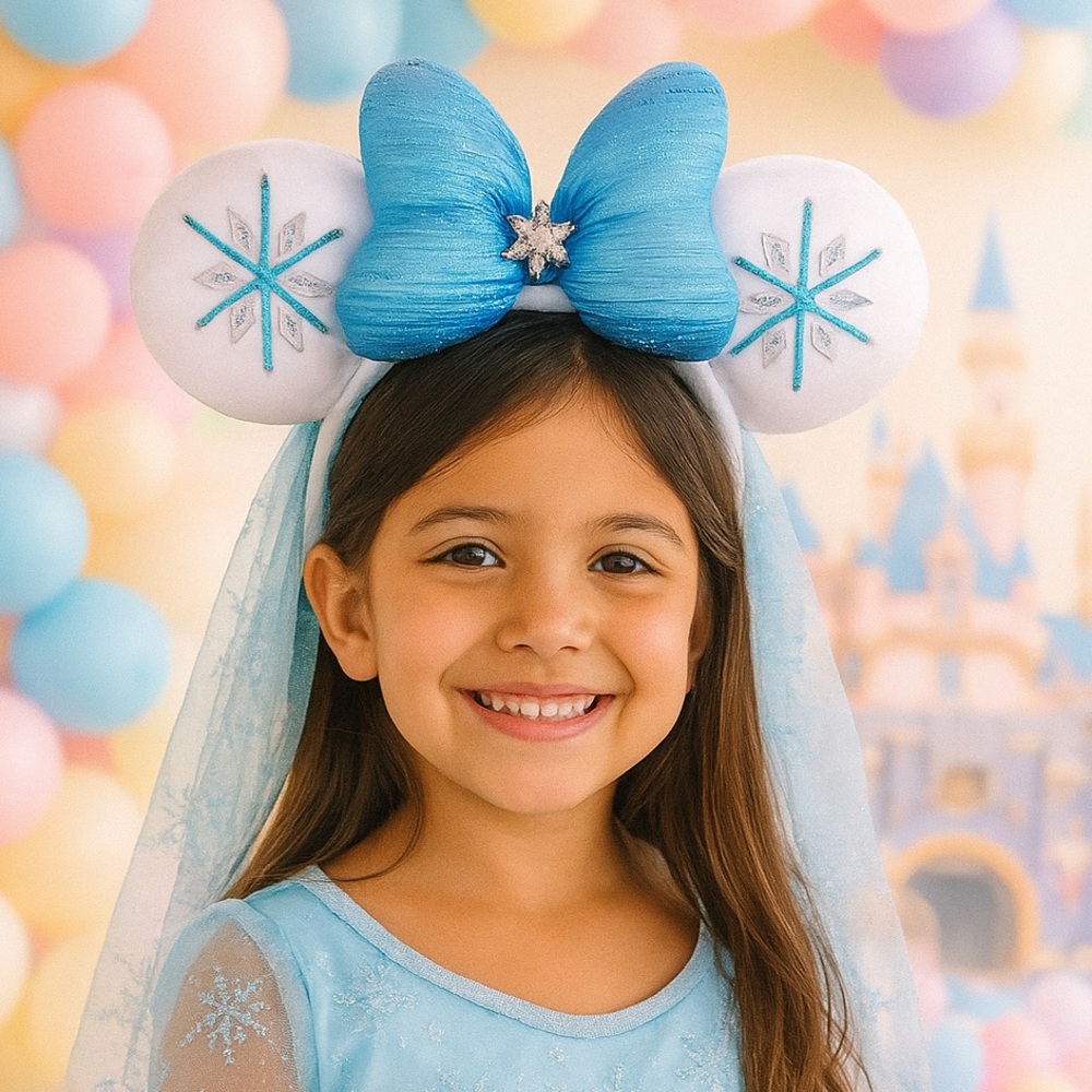 Disney Parks Frozen Elsa Princess Snowflake Minnie Ears Headband Blue Bow Veil